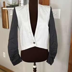 NWT Helmut Lang white linen black ruched sleeve tuxedo blazer women’s size 6 qui